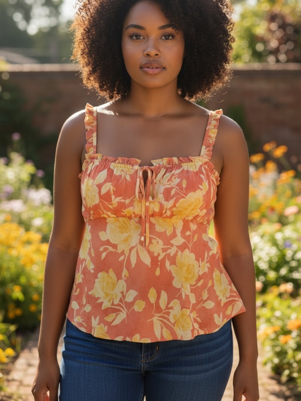 WAYF Coral Yellow Floral Ruffle Tie Front Coastal Babydoll Cami Top sz S NWT